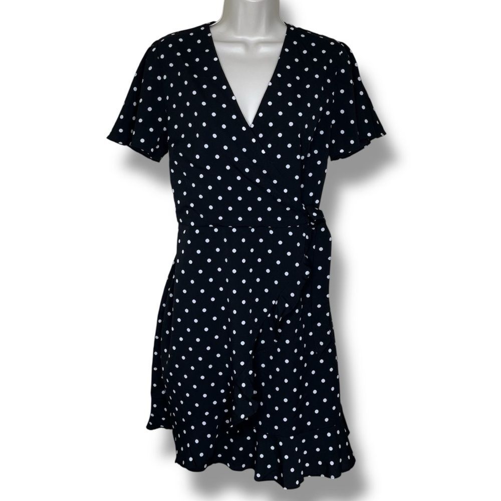 Banana Republic Ruffle Wrap Dress Black White Polka Dot Women 6 Short Sleeve